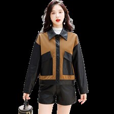 主推现货休闲短款外套女宽松小个子2022年新款时尚女士拼接皮衣，女装皮衣，江南女神