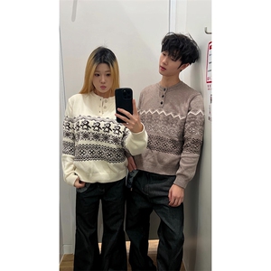 重磅秋冬装北极绒套头毛衣美式复古休闲慵懒风提花工艺针织衫外套