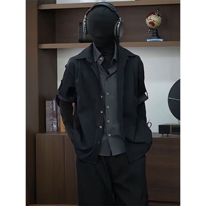 H2508-P50 暗黑系个性设计感原创解构裁剪长款宽松阔版衬衣图片