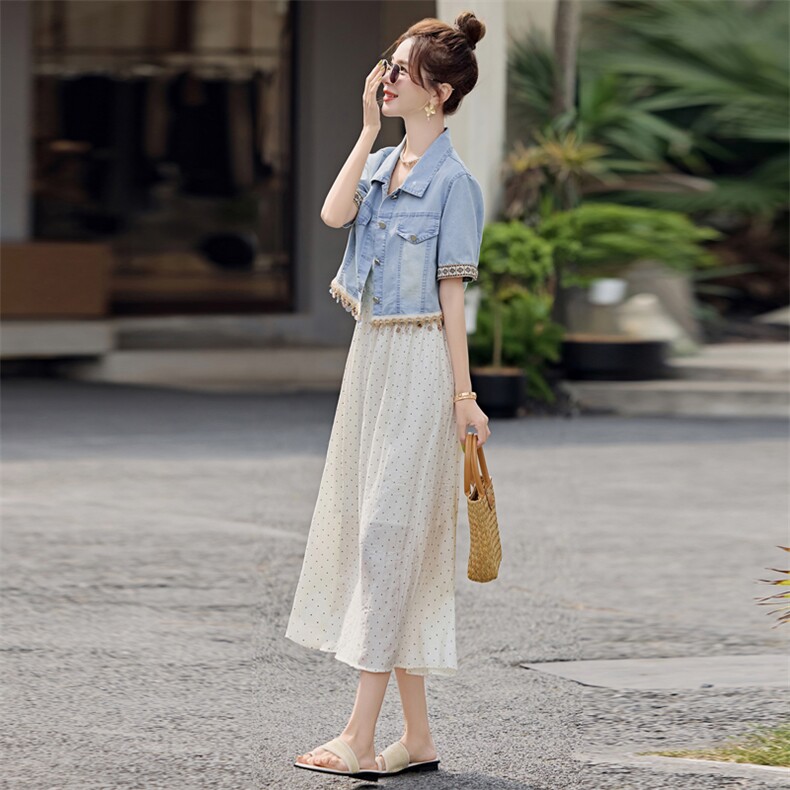 蓝色翻领短袖牛仔外套吊带连衣裙女2025夏季新款休闲裙,女装连衣裙,靓星雨
