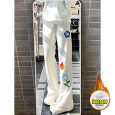抖音得物高品质秋冬季重磅花卉刺绣潮流运动宽松加绒直筒休闲卫裤，男装休闲裤，电商A486