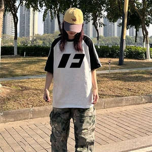 抖音得物品质二开240克宽松纯棉美式潮牌插肩三杠织带短袖T恤图片