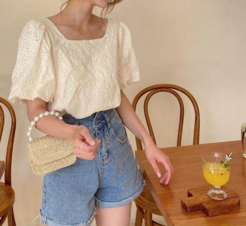 棉布刺绣泡袖上衣，女装，新袖