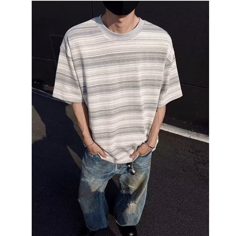 美式灰白撞色条纹短袖男款夏季cleanfit潮牌正肩T恤螺纹领口半袖,男装T恤,星座506A