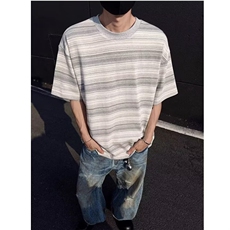 美式灰白撞色条纹短袖男款夏季cleanfit潮牌正肩T恤螺纹领口半袖，男装T恤，星座506A