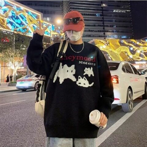 慵懒毛衣男女秋冬新款中性风圆领打底针织衫美式潮牌复古线衣外套,男装T恤,星座506A