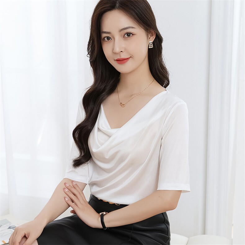 2025三醋酸五分袖荡领T恤女丝滑缎面短袖皱褶中袖薄款打底上衣,女装T恤,伊绒腾羊绒