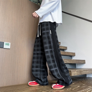 K25102批45控68 格子撞色拼条拖地裤秋季新款休闲裤男裤子长裤图片