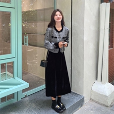 新款现货主推丝绒吊带裙+小香外套套装9883-P165-K228，女装连衣裙，2C129