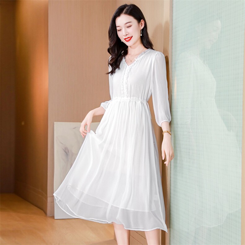 纯色高端真丝连衣裙2025新款女高级感年轻妈妈夏装桑蚕丝气质长裙,女装连衣裙,阿舍尔精品