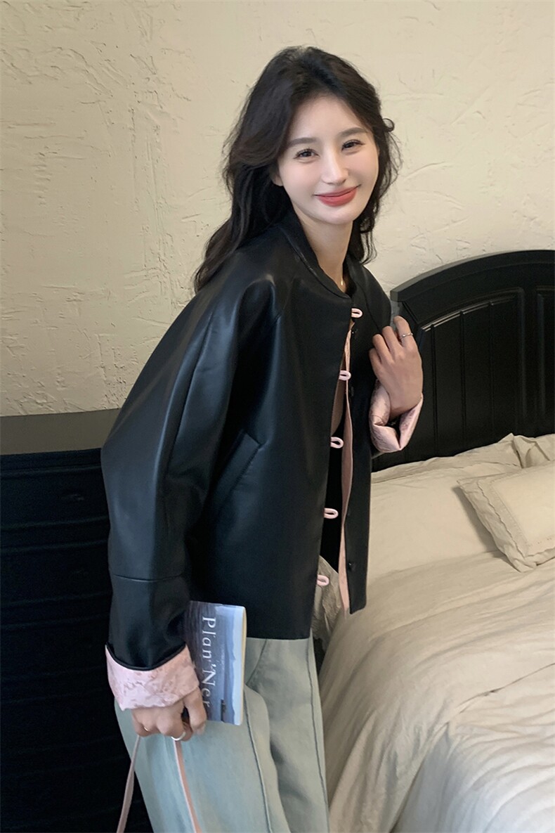 【2025春款现货】洋气舒适软糯舒适黑色中式皮衣088-6605p145k198,女装短外套,2C088