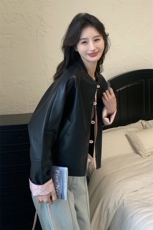 【2025春款现货】洋气舒适软糯舒适黑色中式皮衣088-6605p145k198，女装短外套，2C088