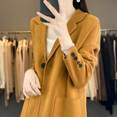 春季新款精纺羊毛针织开衫女西装领一粒扣带兜上衣宽松休闲外套，女装西装，森墨