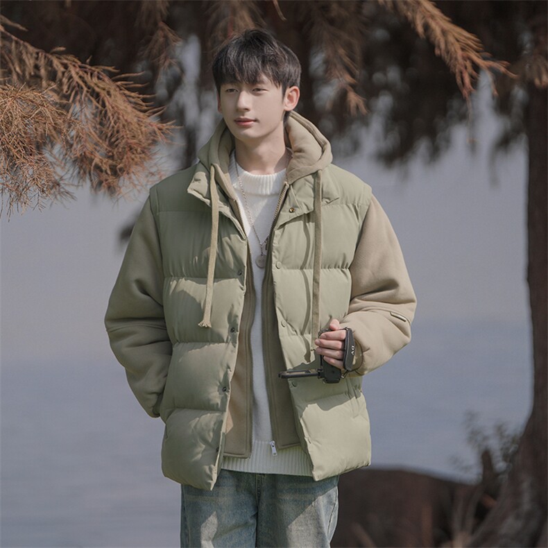 新款假两件棉服男加厚羽绒棉衣情侣款连帽拼色连帽外套M092-P75,男装棉衣,星座1403A
