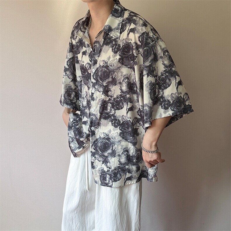 2025现货印花短袖衬衣男潮牌冰丝花衬衫A351-AC25602-p48控89,男装T恤,电商A351