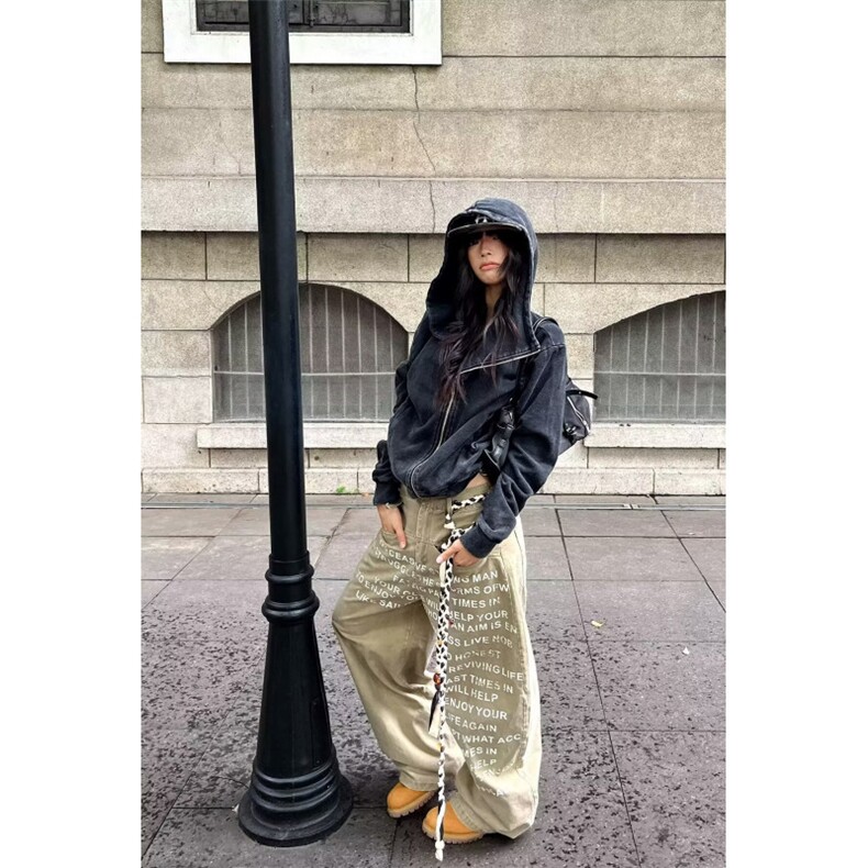 美式复古字母印花水洗做旧高街微喇牛仔裤男女直筒裤子,男装牛仔裤,四季星座505