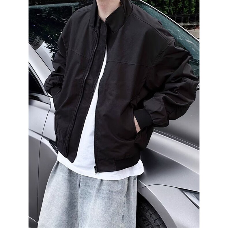 抖音得物美式潮休闲夹克春季立领纯色复古工装加厚棉服外套AMY01,男装夹克,电商A443