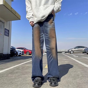 美式复古做旧水洗渐变牛仔裤男宽松休闲直筒阔腿长裤子图片