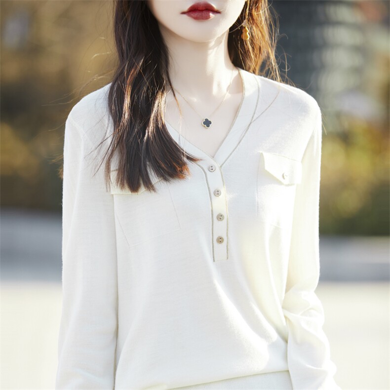 春季套头针织打底衫薄款毛衣女纯羊毛V领外穿内搭超细羊毛衫上衣，女装羊毛衫，戎美山