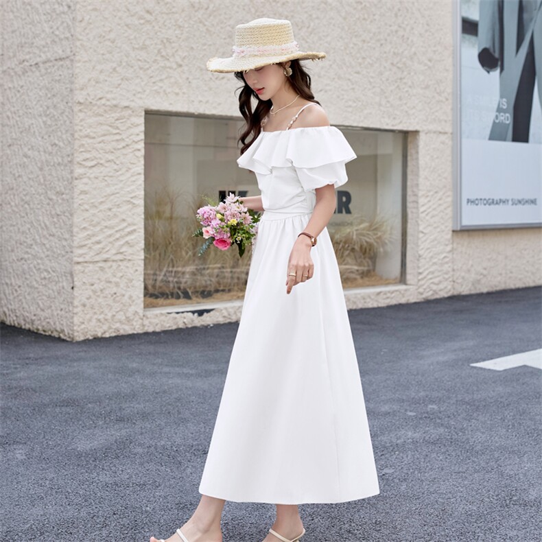粉色泡泡袖一字肩连衣裙女长款2025夏季新款宽松甜美温柔风初恋裙,女装连衣裙,美静678