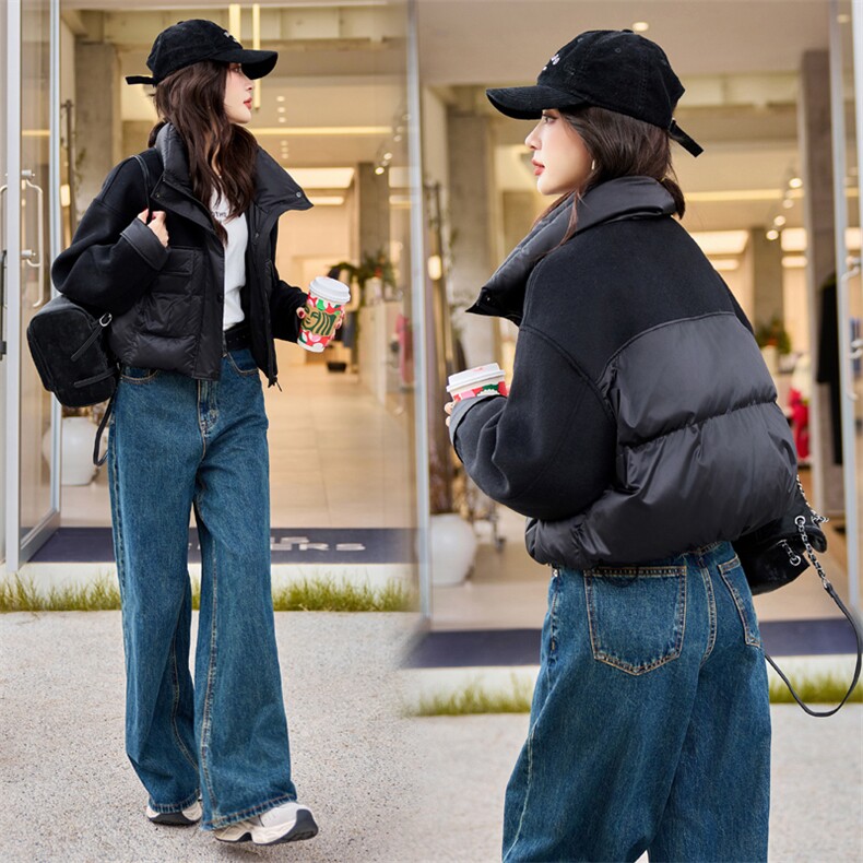 立领毛呢拼接白鸭绒羽绒服女2025冬季时尚短外套大翻领,女装羽绒服,梦懿尔