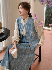 春天小清新开春穿搭牛仔套装裙女2025新款刺绣马甲半身裙三件套装，女装套装/套裙，浙宝305