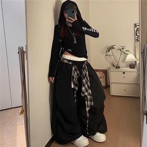 大码美式街头黑色拼接格子裙摆运动裤女装秋冬季宽松假两件休闲裤图片