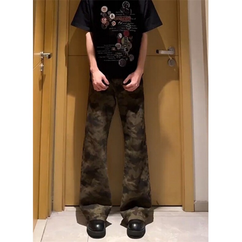 WE1621-P38迷彩工装裤子男夏季薄款牛仔裤提裆复古微喇叭弯刀裤,男装牛仔裤,电商B323A