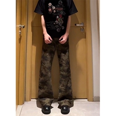 WE1621-P38迷彩工装裤子男夏季薄款牛仔裤提裆复古微喇叭弯刀裤，男装牛仔裤，电商B323A