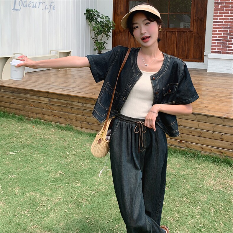 时尚复古牛仔套装女夏季2024新款短外套阔腿裤气质显瘦休闲两件套,女装套装/套裙,浙宝305