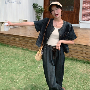 时尚复古牛仔套装女夏季2024新款短外套阔腿裤气质显瘦休闲两件套图片