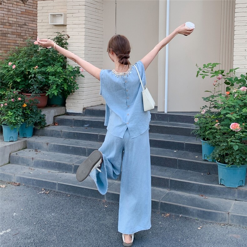 蓝色无袖上衣阔腿裤两件套女2025年夏季新款韩系气质休闲显瘦套装,女装套装/套裙,2C307