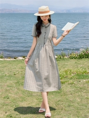 学院风格纹连衣裙女春夏收腰显瘦中长裙格子裙子，女装连衣裙，水衣源