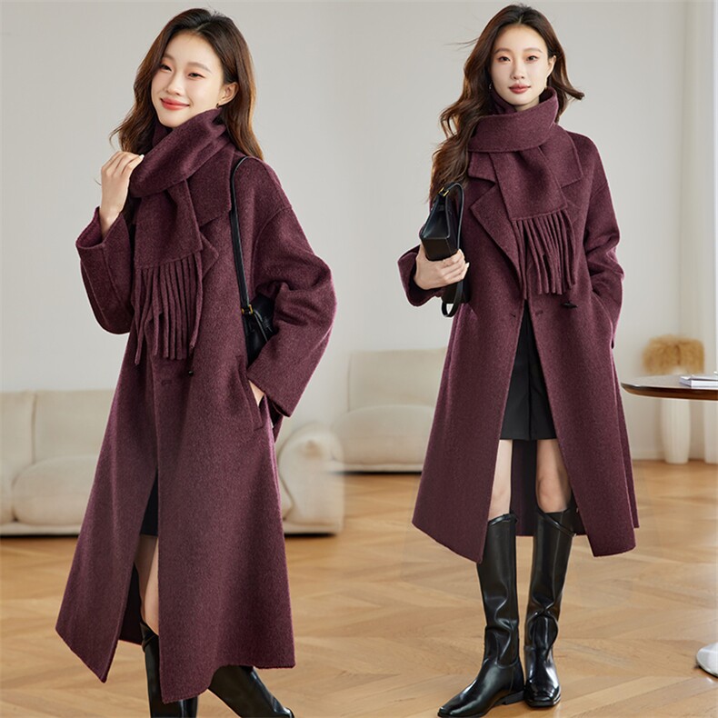 2026年冬季新款时尚舒适围巾可拆卸长款双面羊绒大衣，女装双面呢大衣，臻衣坊
