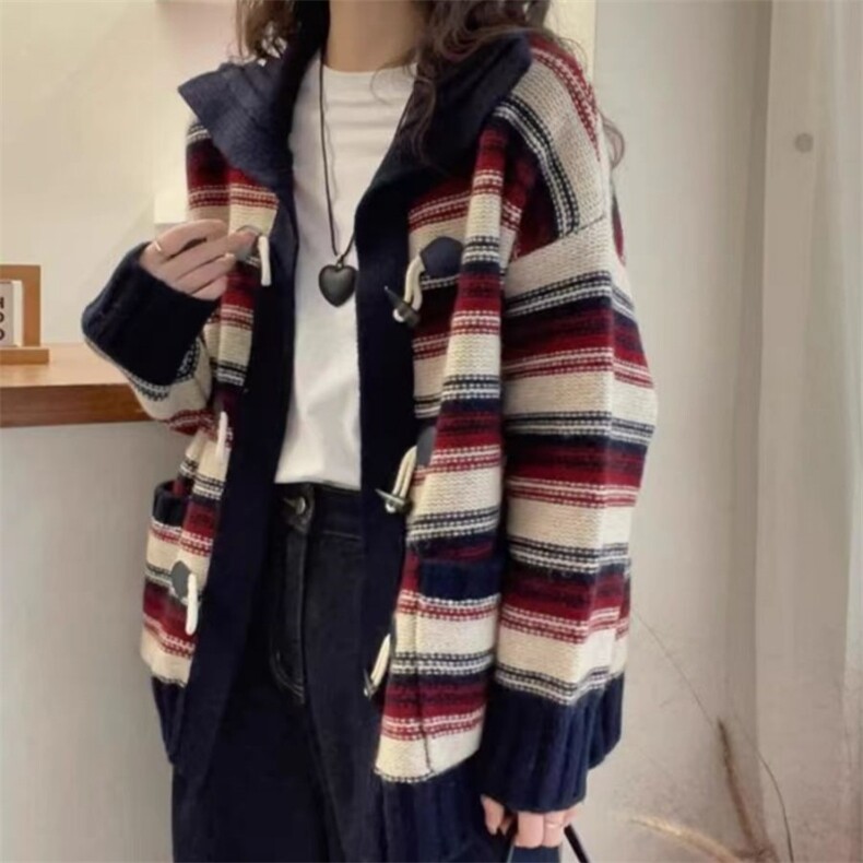 毛衣女新款2024秋冬条纹短款宽松慵懒针织上衣,女装羊毛衫,锦瑟羊绒