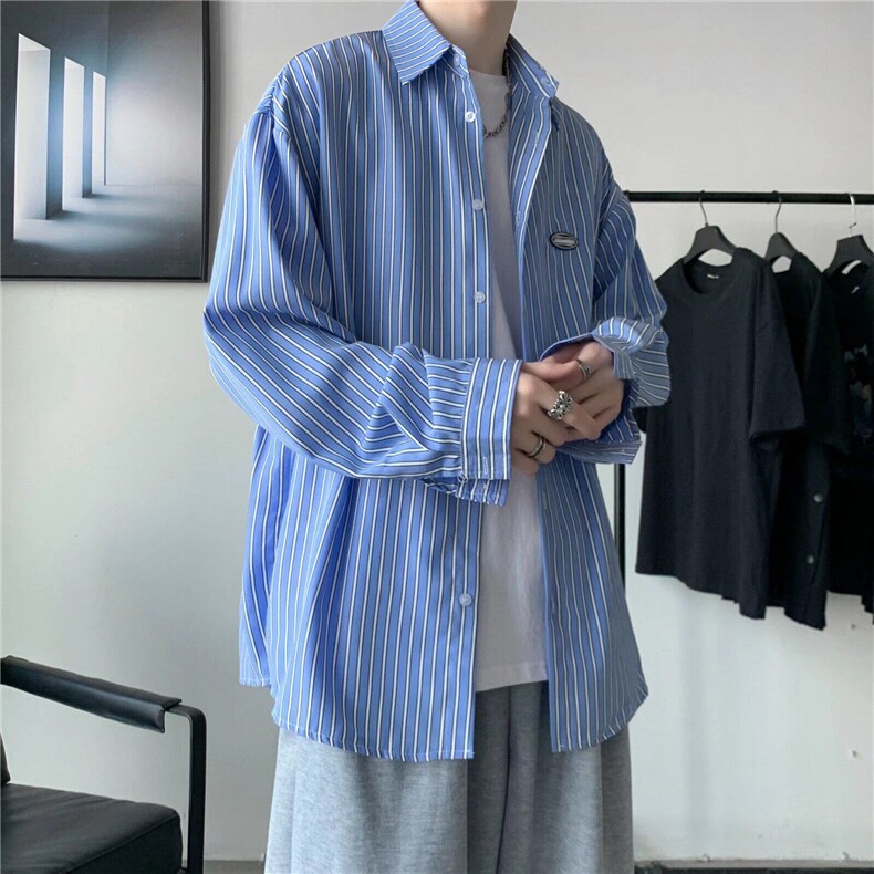 日系复古条纹衬衫男青少年时尚港风潮流宽松休闲痞帅翻领衬衣外套,男装衬衫,星座1013