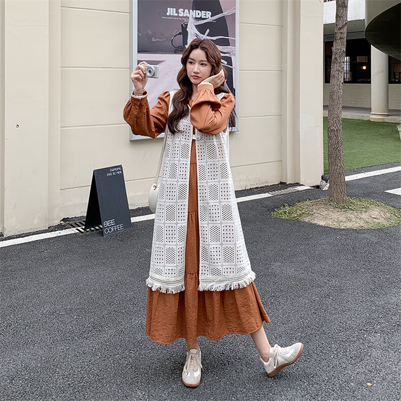 漂亮减龄连衣裙流苏蕾丝镂空罩衫套装女2025年秋季新款穿搭两件套,女装套装/套裙,2C010