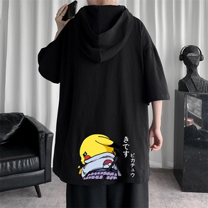 LD54036-P45 连帽短袖t恤男大码胖子带帽五分袖中袖图片