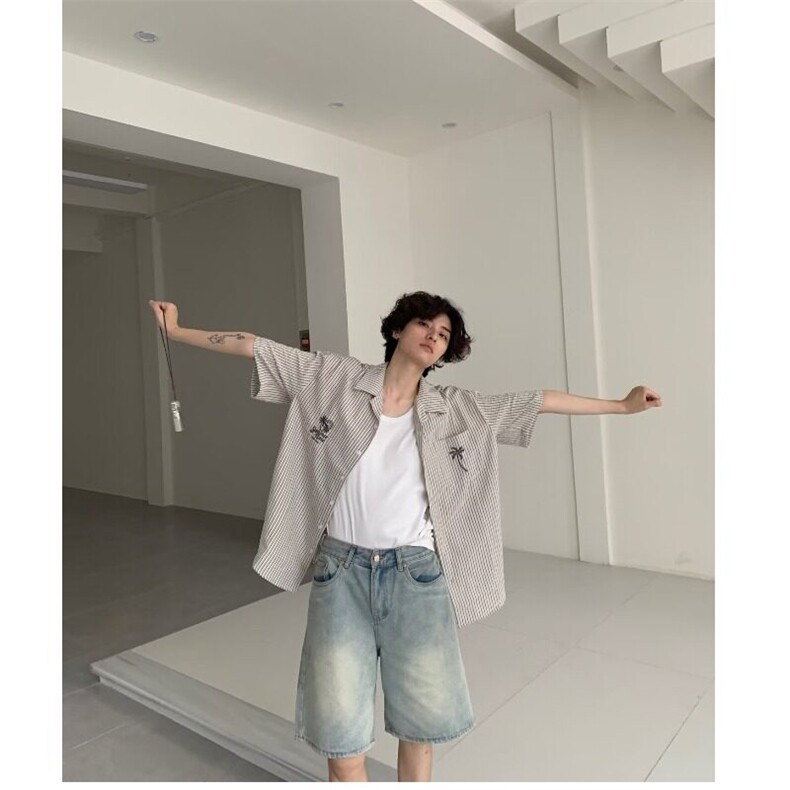法式条纹短袖衬衫男夏季新款潮流宽松衬衣青少年高街翻领上衣外套,男装衬衫,星座506A