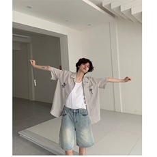 法式条纹短袖衬衫男夏季新款潮流宽松衬衣青少年高街翻领上衣外套，男装衬衫，星座506A