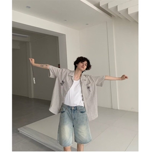法式条纹短袖衬衫男夏季新款潮流宽松衬衣青少年高街翻领上衣外套图片