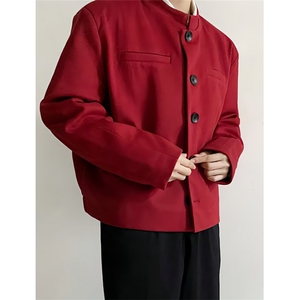 秋季复古酒红色雅痞垫肩小立领短款西服外套男毛呢外套 XW74图片