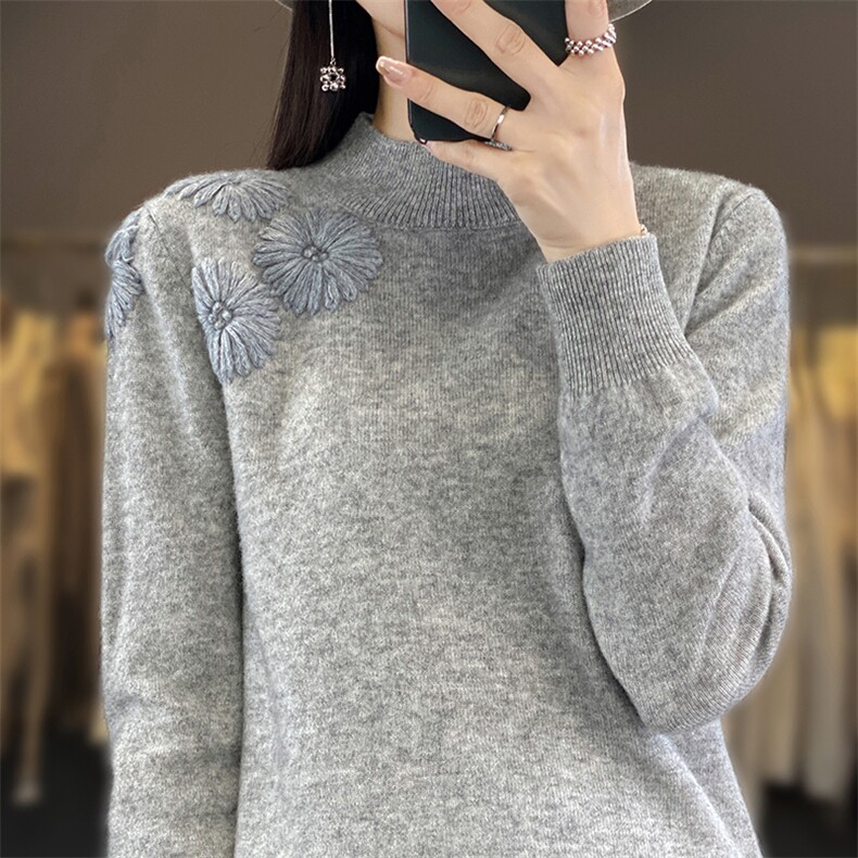 2024新款女装手工绣花半高领羊毛毛衣,女装羊毛衫,北娇羊绒