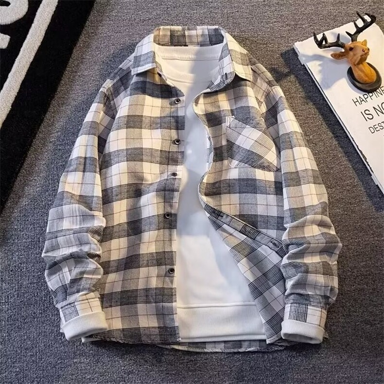 格子衬衫男士秋冬长袖韩版修身打底港风休闲情侣外套GZ812/P34，男装T恤，星座506B