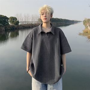 麦穗纹短袖t恤男款夏季美式重磅宽松高级感灰色体恤翻领polo衫男图片