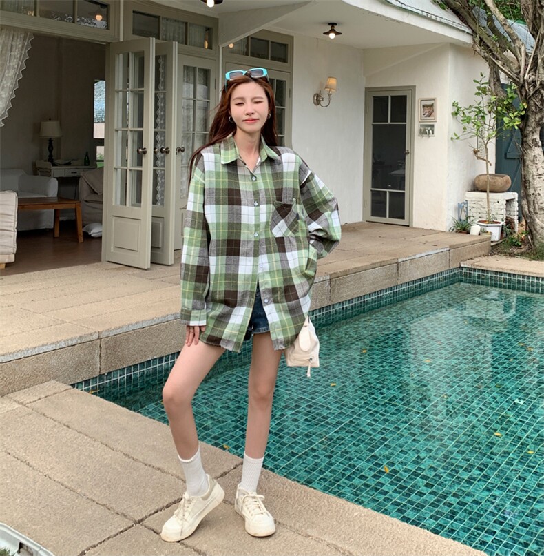D559-P45美式复古淡绿色格纹长袖衬衫秋季宽松休闲情侣衬衣外套,男装衬衫,星座911