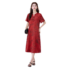 新中式连衣裙女夏2025新款国风复古好看盘扣宽松遮肚显瘦中长裙子，女装连衣裙，罗得堡