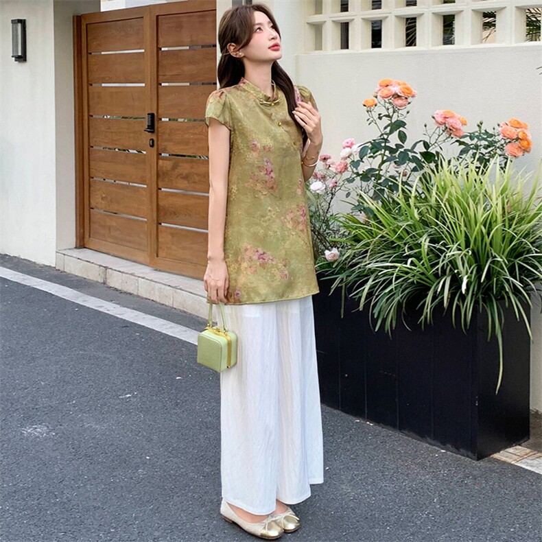 新中式g风套装女2026夏季流行复古印花盘扣旗袍上衣阔腿裤两件套,女装套装/套裙,超帛