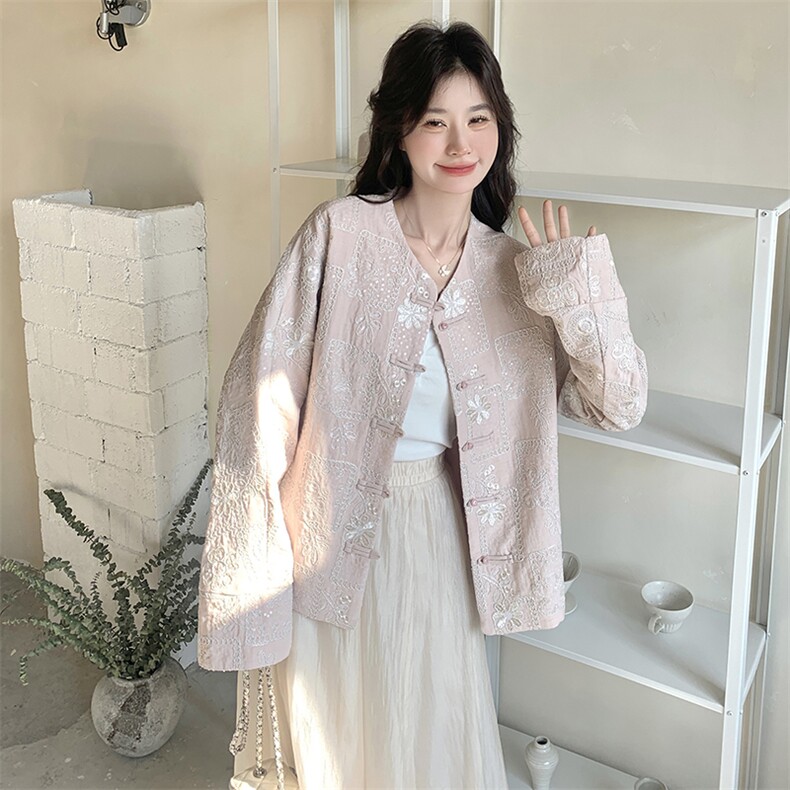 粉色新中式国风盘扣外套女2025春秋季新款高级感复古显瘦短款上衣,女装短外套,2C217