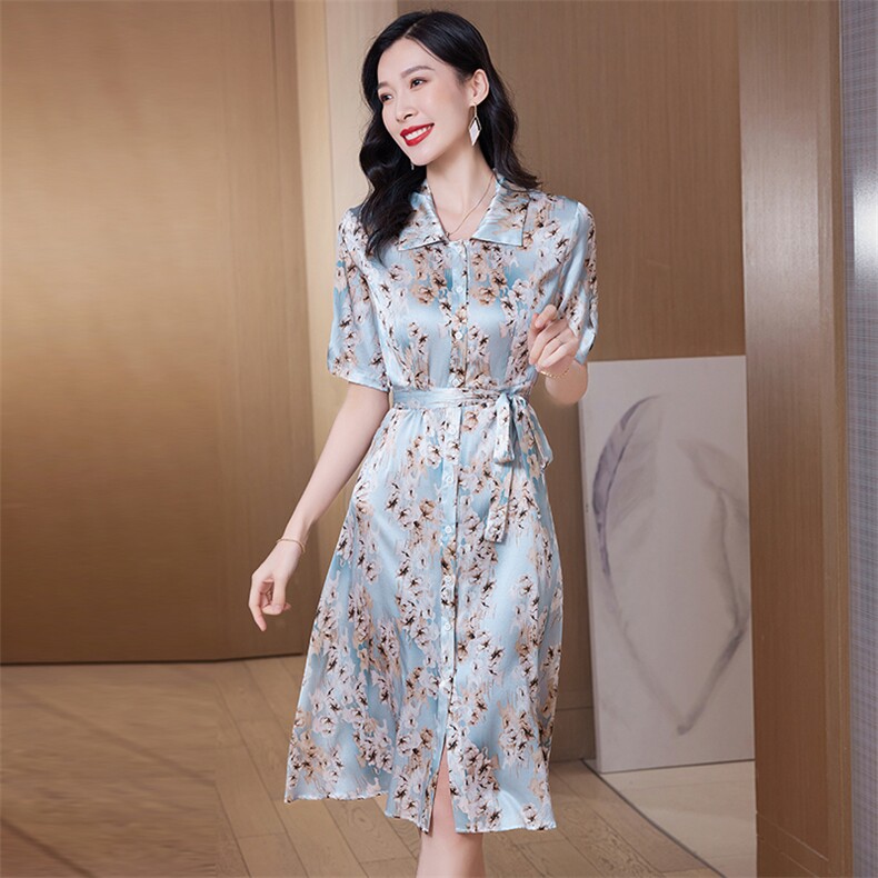 大喜自制【现货】莫奈花园2022复古修身真丝V领短袖印花连衣裙,女装连衣裙,阿舍尔精品